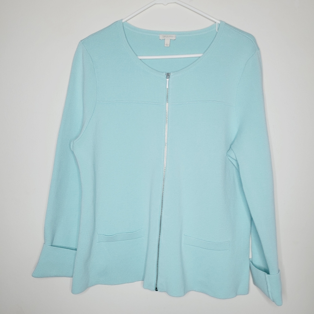Talbots Cardigan Women's Large Baby Blue Full Zip Cotton Preppy Spring Office